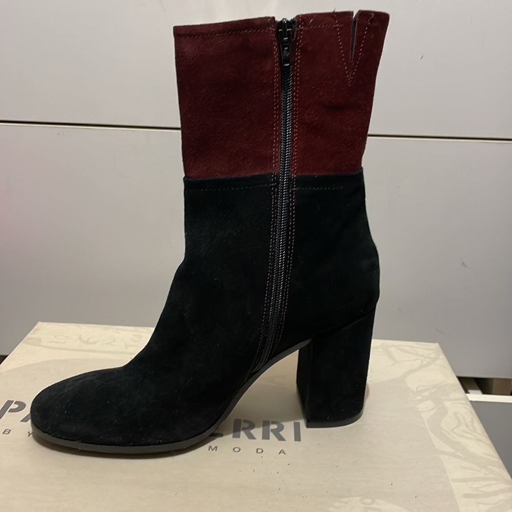 PAOLA FERRI ALBA MODA SUEDE COLOR BLOCKED boot black burgundy cocoa NIB  39. 8.5